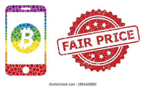 Mobile bitcoin bank collage icon of circle dots in different sizes and rainbow colored color tones, and Fair Price rubber rosette stamp. A dotted LGBT-colored Mobile bitcoin bank for lesbians, gays,