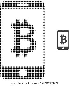 Mobile bitcoin bank halftone dot icon illustration. Halftone array contains round pixels. Vector illustration of mobile bitcoin bank icon on a white background.