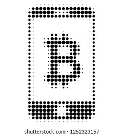Mobile bitcoin bank halftone dotted icon. Halftone array contains circle elements. Vector illustration of mobile bitcoin bank icon on a white background.