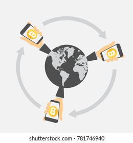 Mobile bitcoin business. Blockchain. Hand holding smartphone. Bit coin exchange and transfer, mobile banking.  Finance, global digital money circulation. Flat design for infographic, mobile app.