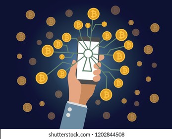 Mobile bitcoin business with Hand holding smartphone. circular arrows. Bit coin exchange and transfer. cryptocurrency mining, Finance, digital money circulation. design for infographic, mobile app.