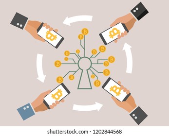 Mobile bitcoin business with Hand holding smartphone. circular arrows. Bit coin exchange and transfer. cryptocurrency mining, Finance, digital money circulation. design for infographic, mobile app.