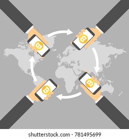 Mobile bitcoin business. Hand holding smartphone. Map, Earth, circular arrows.  Bit coin exchange and transfer. Finance, global digital money circulation. Flat design for infographic, mobile app.