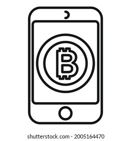 Vector de contorno de icono de bitcoin móvil. Criptodivisa digital. Dinero del teléfono