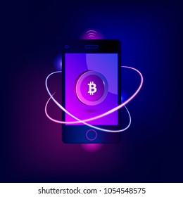 Mobile bitcoin payment concept. Mobile cryptocurrency. Blockchain integration. Bitcoint payment, transaction or donation. Trendy style background. Vector illustration.