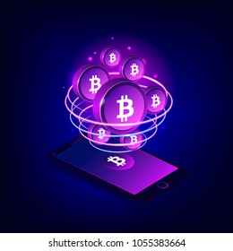 Mobile bitcoin payment concept. Smart phone screen with money. Mobile cryptocurrency. Blockchain integration. Bitcoint payment, transaction or donation. Trendy 3d style. Vector illustration.