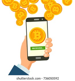 Mobile Bitcoin Receiving Concept Vector. Modern Finance Economic. Wireless Bitcoin Finance Receiving Concept. Hand Holding Smartphone. Digital Currency In Smartphone Application. Isolated