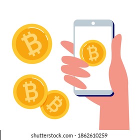 Billetera de bitcoin móvil en la mano. Tecnologías de Blockchain, bitcoins, altcoins, finanzas, mercado monetario digital, billetera criptodivisa. Ilustración vectorial en estilo plano