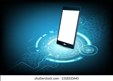 Mobile, blank white screen, placed on a blue background, with a circuit with gear, with lighting designed in a isometric style.
