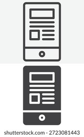 Blogging móvel ícone de estilo diferente definido com tela de conteúdo. Símbolo e sinal de vetor de traçado editável de linha, contorno e ícone sólido para ícone de blog.