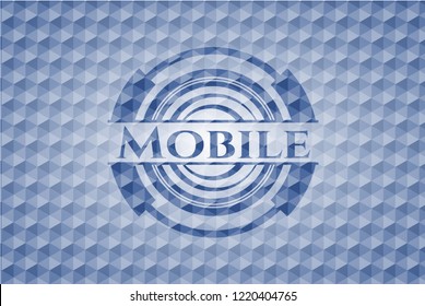 Mobile blue badge with geometric pattern.