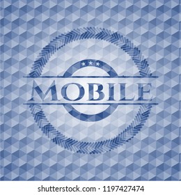 Mobile blue emblem with geometric background.