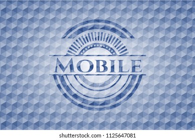 Mobile blue emblem with geometric pattern.