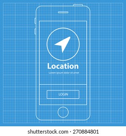 Mobile blueprint wireframe app screen. Location screen which can be used as a mockup for your mobile application.