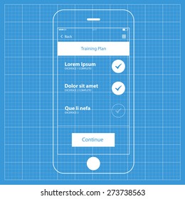 Mobile blueprint wireframe ui kit. Training plan screen 