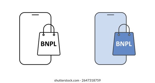 Móvel com ícone de crachá BNPL nos estilos de contorno e cor, ideal para ilustrar aplicativos BNPL móveis, opções de pagamento para smartphone e comprar agora pague mais tarde a acessibilidade em dispositivos móveis.