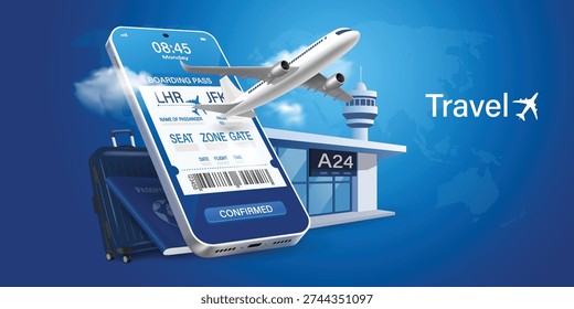 Mobile boarding pass with airport gate, airline online check-in flight ticket booking app concept,digital travel service illustration.Airplane is taking off from passport with location pin. 3D Vector.