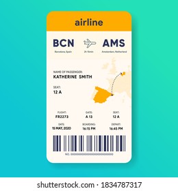 Mobile Boarding Pass. Vertical Aircraft E-ticket. Flight Ticket Template. Passenger Document Mockup. Travel Pass With Journey Map. Vector Illustration.