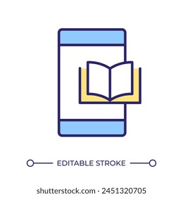 Mobile book collection RGB color icon. E-book reading, digital materials. Portable device, textbook reading. Isolated vector illustration. Simple filled line drawing. Editable stroke