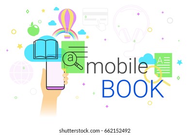 Mobile book and electronic library app on smartphone concept vector illustration. Human hand holds smart phone with ebook app for reading interesting books and education. E-book sync and cloud storage