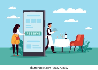 Mobile booking, reservation of table in restaurant. Woman chooses cafe online, waiter sets table, huge smartphone and tiny people, online menu, food application. Vector concept