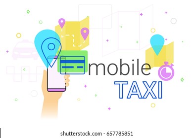 Mobile booking taxi cab on smartphone concept illustration. Human hand holds smart phone with app for ordering taxi vehicle, choosing route and pay by credit card. Creative e-commerce banner