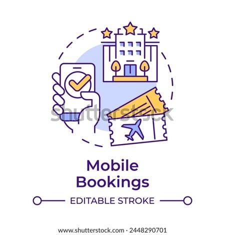 Mobile bookings multi color concept icon. Online reservation. Technology integration in travelling. Round shape line illustration. Abstract idea. Graphic design. Easy to use in application