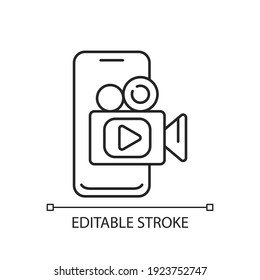 Mobile broadcast linear icon. Idea generation. Using mobile phone for streaming video. Thin line customizable illustration. Contour symbol. Vector isolated outline drawing. Editable stroke