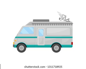 Mobile broadcasting car, side view. Truck with satellite dish antenna on roof. Media vehicle. Flat vector design
