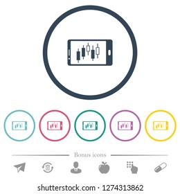 Mobile broker landscape mode flat color icons in round outlines. 6 bonus icons included.