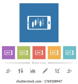 Modo horizontal de corredores móviles iconos blancos planos en fondo cuadrado. 6 iconos de bonificación incluidos.