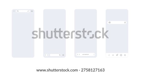 Mobile browser interface set in light theme with different search line and browser icons. Generic phone screen window, outline page bar with smartphone frame icon. Search template layout.mockup.