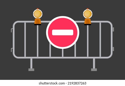 mobile building metal fence with a road sign entry is blocked and two signal lights
