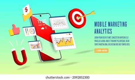 Concepto de tecnología de análisis de negocio móvil. ilustración vectorial isométrica. Proceso de trabajo con una gran base de datos sobre el sistema de centros de datos para diagramas de estadísticas de gestión de ventas e informes operacionales