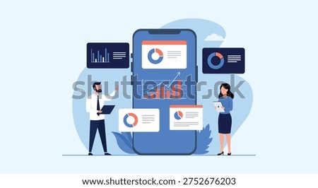 Mobile Business Analytics Dashboard with Data Charts – Digital Marketing Analysis Flat Vector Illustration