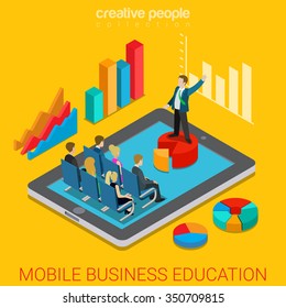 Mobile business education online course flat 3d isometry isometric concept web vector illustration. Businessman teacher coach pie chart pedestal indicator graphic in class. Creative people collection