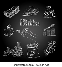 Mobile Business hand drawing. Freehand drawn business idea sketch. Include money, gold.vector 