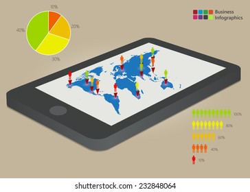 Mobile & Business Infographic Elements. World Map on the Mobile Screen. Vector Illustration.