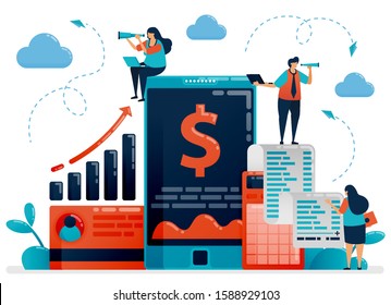 Mobile business and investment check device. Accounting apps and software for improving company performance. Flat character vector illustration for landing page, web, banner, mobile apps, poster, ads