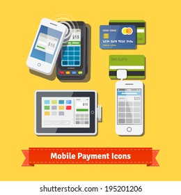 Mobile business payment flat icon set. Wireless POS terminal scanning NFC mobile phone payment. Accepting credit cards with tablet and phone adapters. EPS 10 vector.