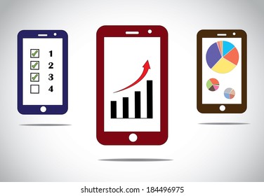 mobile business progress charts and arrow infographics icons. different mobile business success based infographic concept images with arrow, bar and pie charts and to do list - concept illustration