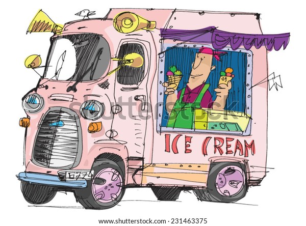 a mobile cafe with\
ice cream - cartoon