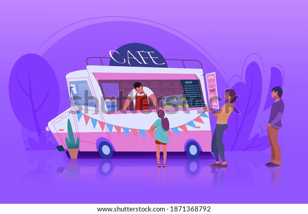 Mobile cafe van or coffee truck\
with street food with people waiting outside to be\
served.