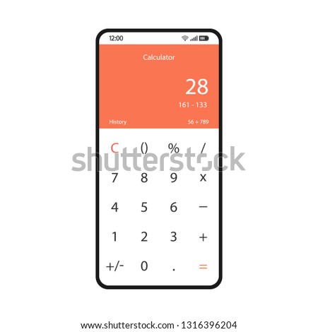 Mobile calculator smartphone interface vector template. Math app page white design layout. Simple arithmetic calculations screen. Digits subtraction flat UI. Mathematical application on phone display