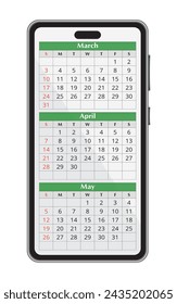 Mobile calendar for 2024 year with spring months: March, April, May. Vector illustration