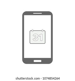 Mobile calendar app. 31 day calendar icon on smartphone screen. Vector.