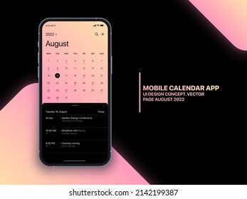 Mobile Calendar App Concept August 2022 Page with To Do List and Tasks UI UX Design Vector on Realistic Phone Screen Mockup Isolated on Background. Smartphone Business Planner Application Template