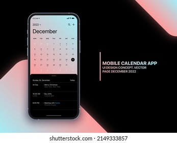 Mobile Calendar App Concept December 2022 Page with To Do List and Tasks UI UX Design Vector on Realistic Phone Screen Mockup Isolated on Background. Smartphone Business Planner Application Template