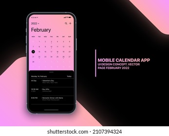 Página Mobile Calendar App Concept Febrero 2022 con Lista de tareas pendientes y Vector de diseño de UI UX de tareas en pantalla de teléfono realista Aislado en segundo plano. Plantilla de aplicación de Smartphone Business Planner