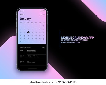 Mobile Calendar App Concept January 2022 Page with To Do List and Tasks UI UX Design Vector on Realistic Phone Screen Mockup Isolated on Background. Smartphone Business Planner Application Template